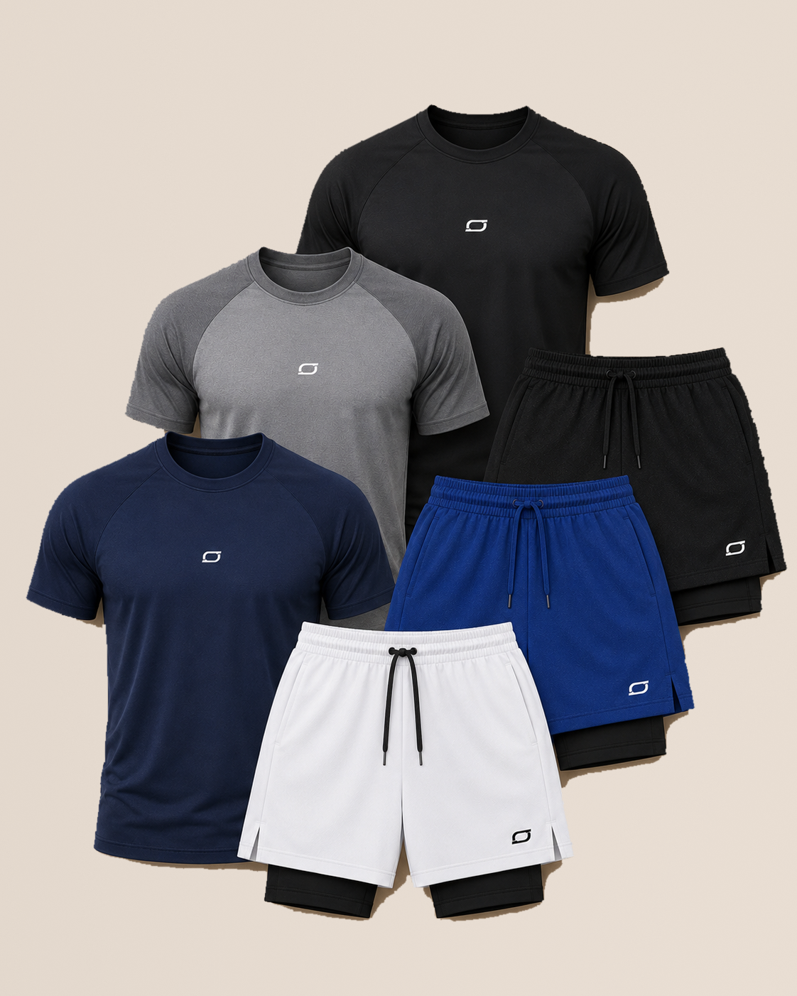Kit esportivo com 3 camisetas raglan e 3 bermudas 2 em 1