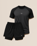 Kit esportivo com 1 camiseta raglan e 1 bermuda 2 em 1 preta