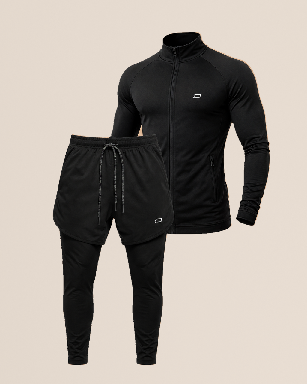 Conjunto preto com jaqueta de compressão e calça 2 em 1 – vista frontal