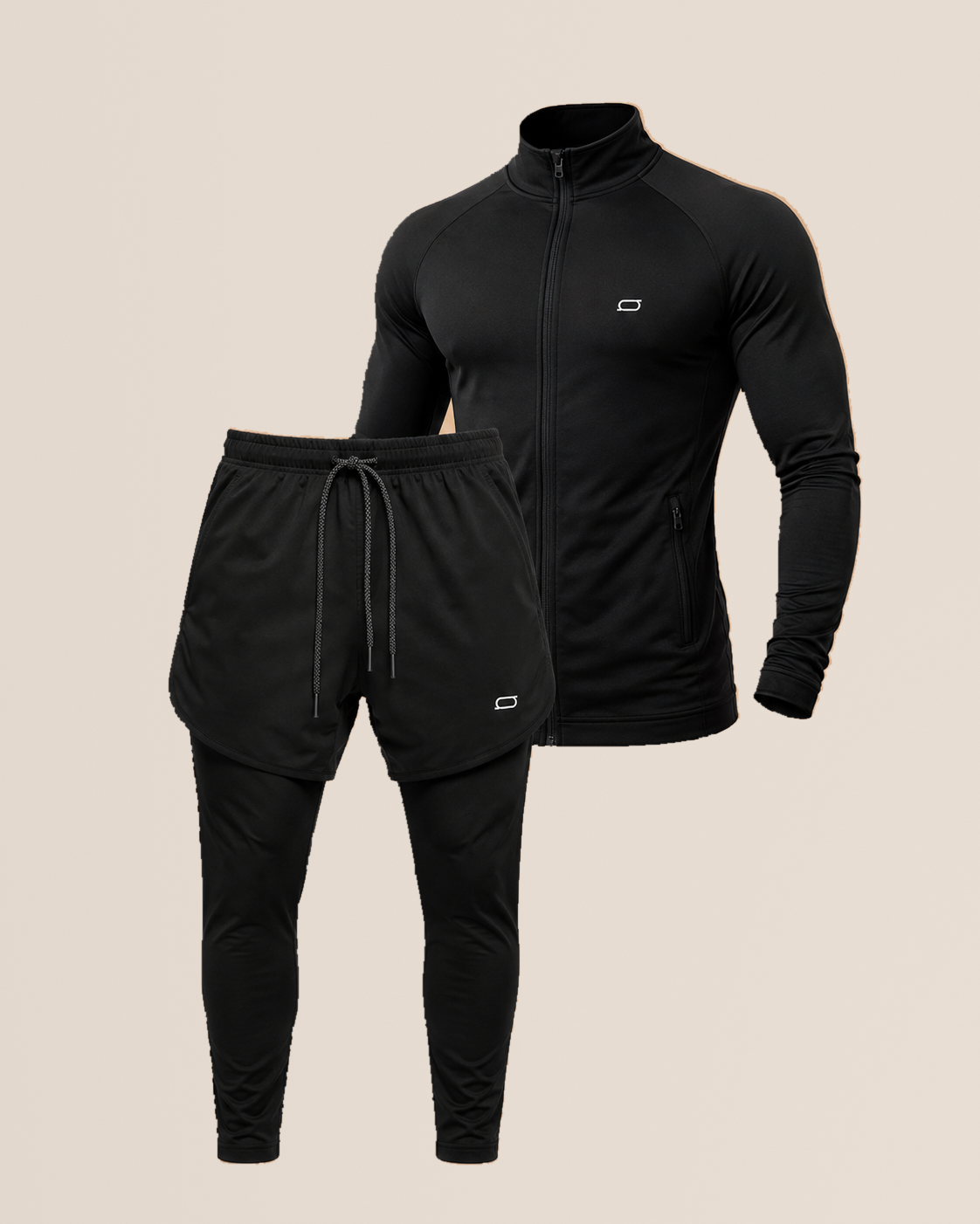 Conjunto preto com jaqueta de compressão e calça 2 em 1 – vista frontal